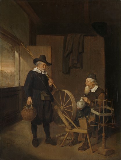 Interior with an Angler and a Man Sitting at a Spinning Wheel and Reel, Quiringh Gerritsz. van Brekelenkam, 1663