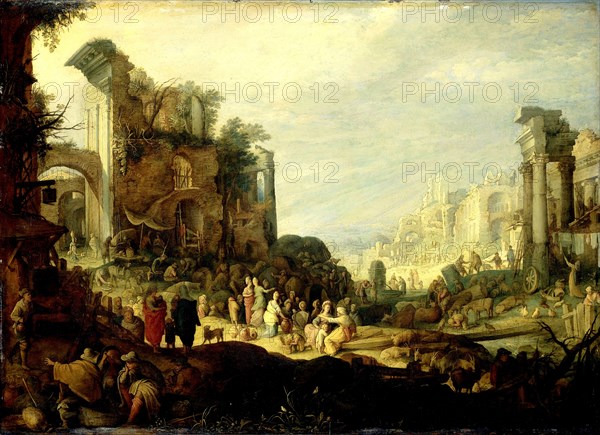 Landscape with Ruins and the Meeting of Rebecca and Eliezer, attributed to Willem van Nieulandt, II, 1600 - 1620