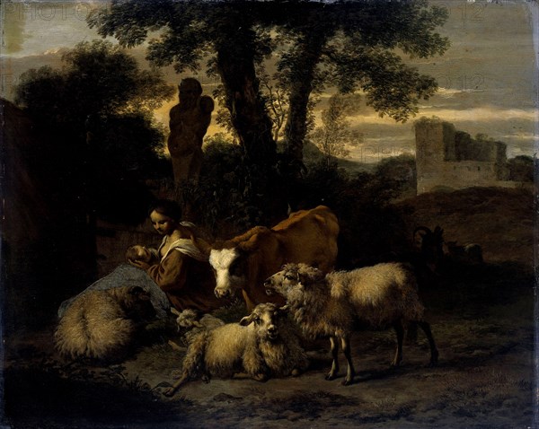 Italian Landscape with Shepherdess and Animals, Simon van der Does, 1708