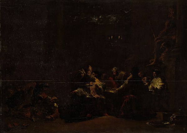 Pashur Smites Jeremiah in the Temple, Fight during a meal of priests and monks in a temple of Jupiter, Leonaert Bramer, c. 1648