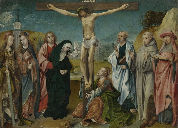 Christ on the Cross with the Virgin, Saint John, Mary Magdalene and Saints Cecilia and Barbara, left and Peter, Francis and Jerome, right, Cornelis Engebrechtsz, c. 1505 - c. 1510