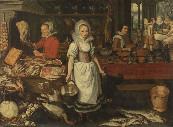 Kitchen Scene with the Parable of the Rich Man and Poor Lazarus, attributed to Pieter Cornelisz. van Rijck, 1610 - 1620
