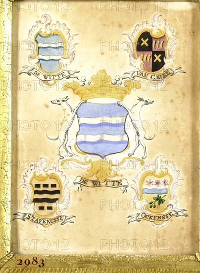 The coat of arms of Anna Jacoba de Witte, wife of Jacob Verheye van Citters, with the coat of arms of her four grandparents, Anonymous, 1750 - 1799