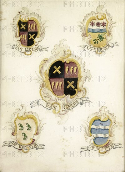 The coat of arms of Anna Digna van Gelre, wife of Laurens Jacobsz de Witte, with the coat of arms of her four grandparents, Anonymous, 1750 - 1799