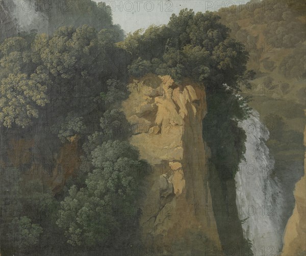 Overgrown Cliffs with a Waterfall in Italy, perhaps at Tivoli, attributed to Hendrik Voogd, 1790 - 1820