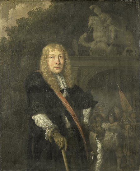 Portrait of an officer of the Leiden civic guard in front of the gate of the headquarters of the St. George guards, Domenicus van Tol, 1673