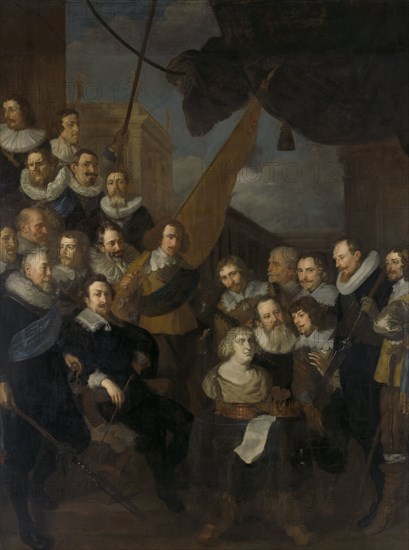 Officers and archers of district XIX, Amsterdam, The Netherlands, led by Captain Cornelis Bicker and Lieutenant Frederick van Banchem ready for the reception of Maria de Medici, Queen Dowager of France, September 1638, Joachim von Sandrart, 1640
