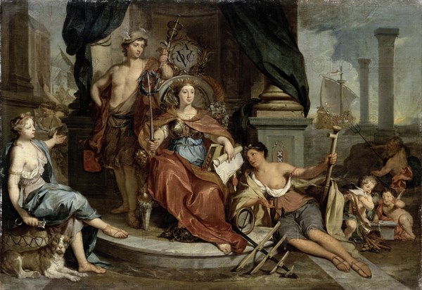 Apotheosis of the Dutch East India Company, Allegory of the Amsterdam Chamber of Commerce of the VOC, Nicolaas Verkolje, 1702 - 1746