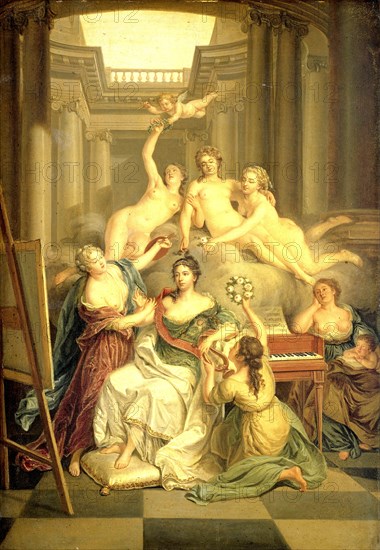 Wilhelmina of Prussia, Consort of William V, Prince of Orange, in the Temple of Arts, with Three Graces and other Allegorical Figures, Frederika Sophia Wilhelmina, Benjamin Samuel Bolomey, 1760 - 1790