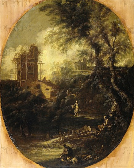 Landscape with Hermit, Pilgrim and Peasant Woman, attributed to Antonio Francesco Peruzzini, 1690 - 1740