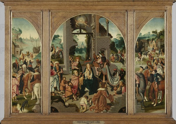 Triptych with Adoration of the Magi, center and inner wings, Saint Antony Abbot, left, outer wing and Saint Adrian, right, outer wing, attributed to Master of Alkmaar, c. 1500 - c. 1504