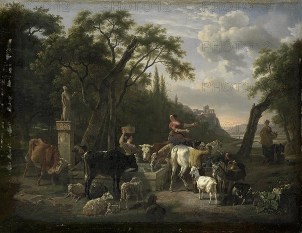 Italian Landscape with Shepherds and Animals at a Fountain, Jean Louis Demarne, 1780 - 1810
