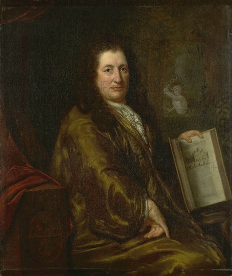 Portrait of Caspar Commelin, bookseller, newspaper publisher and author of the official history of Amsterdam 'Beschrijvinghe van Amsterdam'of 1693, David van der Plas, 1693 - 1704