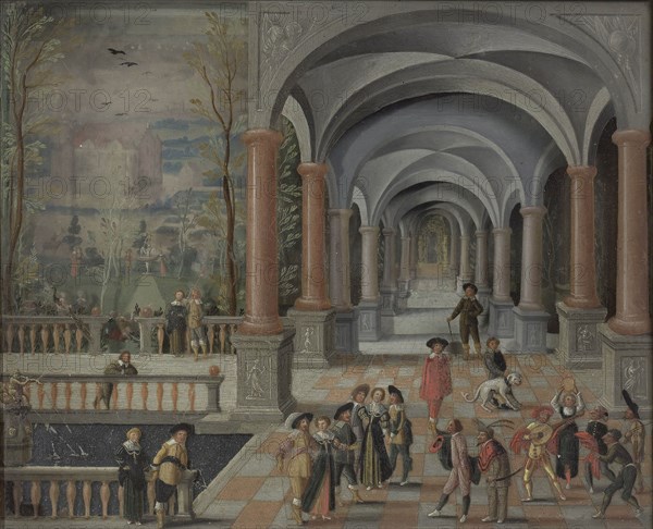 Festive Gathering and Figures from a Commedia dell'Arte in a Gallery, Monogrammist DB, 1634