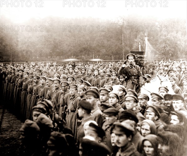 Review of the students from the Military academy. The banner reads: Long live the proletariat, the commanders of the Red Army, Russia, History of the Russian Revolution