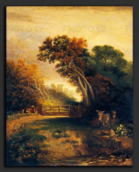 Attributed to Joseph Paul, Landscape with Picnickers and Donkeys by a Gate, British, 1804 - 1887, c. 1830-1880, oil on canvas