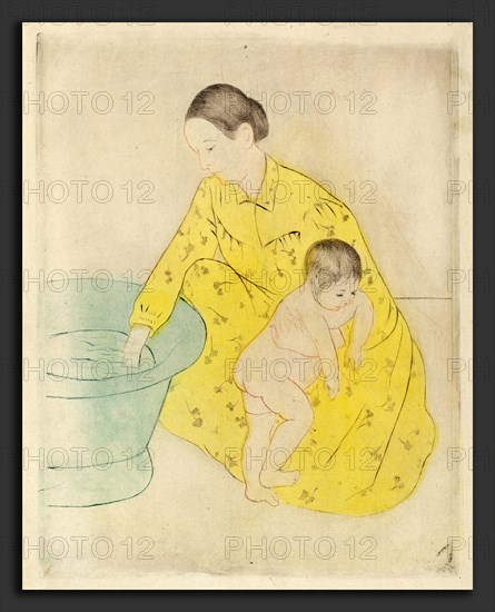 Mary Cassatt, The Bath, American, 1844 - 1926, c. 1891, drypoint and soft-ground etching in yellow, blue, black, and sanguine