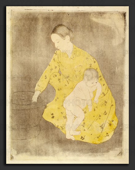 Mary Cassatt, The Bath, American, 1844 - 1926, c. 1891, drypoint and soft-ground etching in yellow,  black, and sanguine