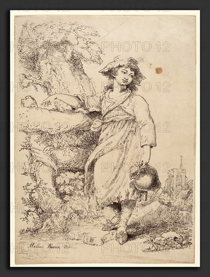 Mather Brown, Girl with a Pitcher, American, 1761 - 1831, c. 1805-1810, pen lithograph in black on wove paper