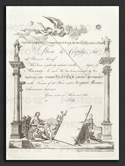 Paul Revere, Masonic Certificate, American, 1735 - 1818, 1773, engraving printed by Herbert Pasternack in 1954 on wove paper