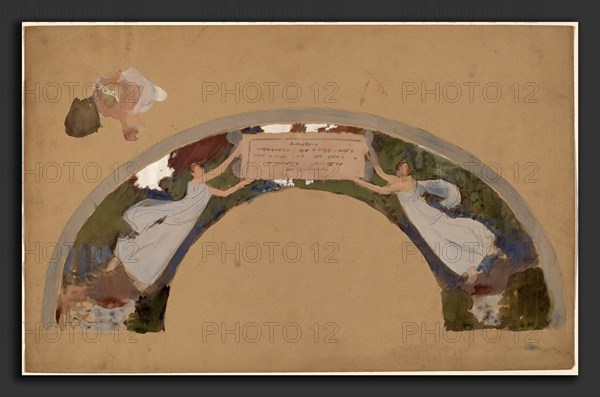 Charles Sprague Pearce, Study of Two Female Figures in Arched Border, American, 1851 - 1914, 1890-1897, gouache and graphite on tan wove paper