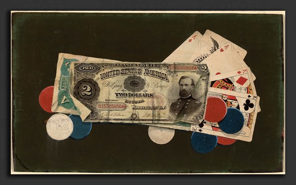 American 19th Century, Trompe l'Oeil: A Full House with Chips, $2 and $5 Bills, c. 1895, watercolor over graphite mounted on cardboard