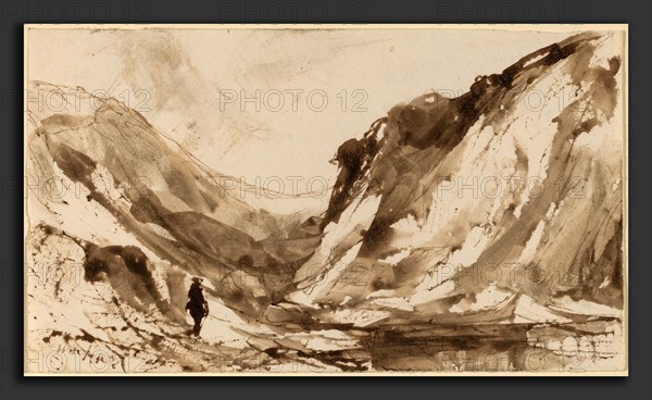 William Hart, Deep Valley in Mountainous Landscape, American, 1823 - 1894, pen and brown ink with brown wash