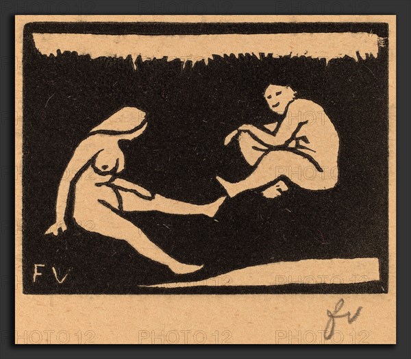 Félix Vallotton, Two Seated Bathers (Deux baigneuses assises), Swiss, 1865 - 1925, 1893, woodcut in black on brown wove paper