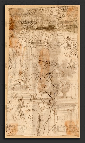 Genoese 17th Century, An Architectural Study with an Atlantid, Italian, 17th century, pen and brown ink with gray wash