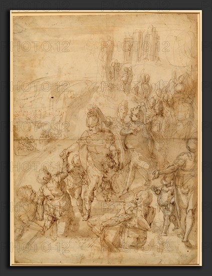 Giulio Benso, Scene from Classical History (Aeneas Descending into the Underworld?), Italian, c. 1601 - 1668, pen and brown ink and brown wash over black chalk on laid paper