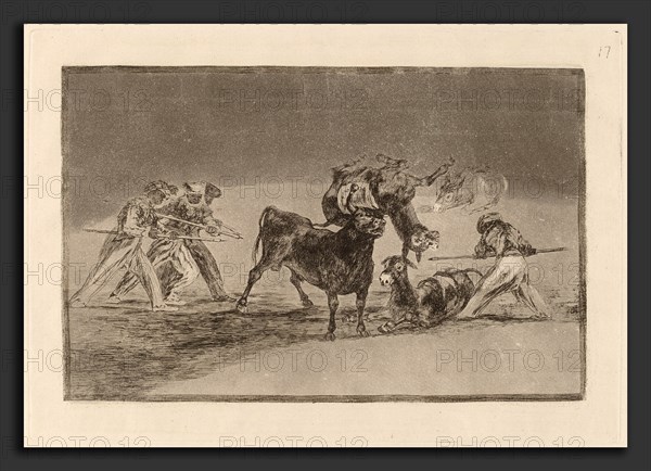 Francisco de Goya, Palenque de los moros hecho con burros para defenderse del toro embolado (The Moors Use Donkeys as a Barrier to Defend Themselves against the Bull Whose Horns have been Tipped with Balls), Spanish, 1746 - 1828, in or before 1816, etching, burnished aquatint, drypoint and burin [first edition impression]