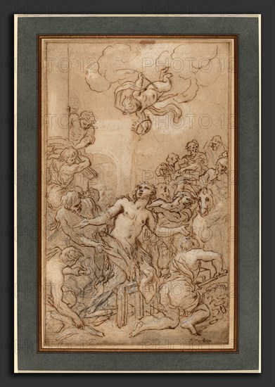 Daniel Seiter (Austrian, 1649 - 1705), The Martyrdom of Saint Lawrence, 1685, black chalk with pen and brown ink and brush and light brown wash, heightened with white gouache, on light blue laid paper