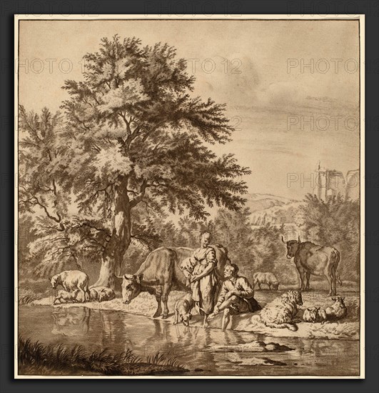 Cornelis Ploos van Amstel after Adriaen van de Velde (Dutch, 1726 - 1798), Shepherd and Shepherdess with Their Flock, 1763, transfer technique with etched hatching
