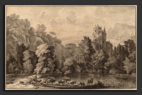 Cornelis Ploos van Amstel and Cornelis Brouwer after Jan van der Meer II (Dutch, active second half 18th century), Valley with an Aged Castle, 1784, transfer technique (aquatint?) with some roulette additions