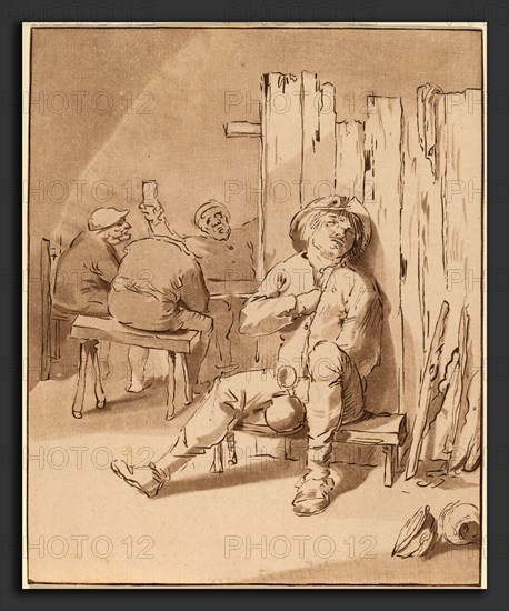 Cornelis Ploos van Amstel and Bernhard Schreuder after Adriaen Brouwer (Dutch, 1726 - 1798), Drunken Peasant at an Inn, 1775, roulette and etching with burnishing, in brown