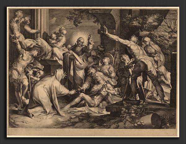 Jan Muller after Abraham Bloemaert (Dutch, 1571 - 1628), The Raising of Lazarus, c. 1600, engraving with pen and ink and wash