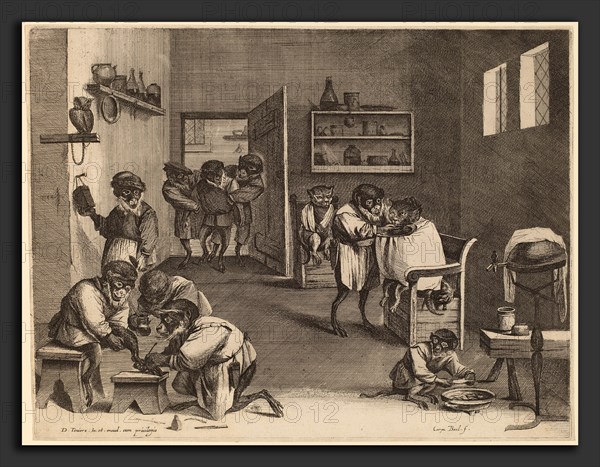 Coryn Boel after David Teniers the Younger (Flemish, 1620 - 1688), Monkey Business in Old Holland, engraving on laid paper