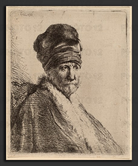 Rembrandt van Rijn (Dutch, 1606 - 1669), Bust of a Man Wearing a High Cap, Three-Quarters Right (The Artist's Father?), 1630, etching on laid paper