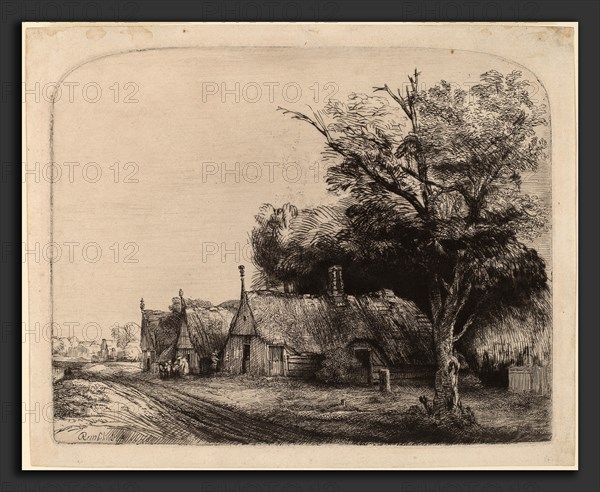 Rembrandt van Rijn (Dutch, 1606 - 1669), Landscape with Three Gabled Cottages beside a Road, 1650, etching and drypoint