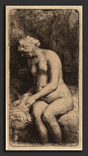 Rembrandt van Rijn (Dutch, 1606 - 1669), Nude Seated on a Bench with a Pillow (Woman Bathing Her Feet at a Brook), 1658, etching on japan paper