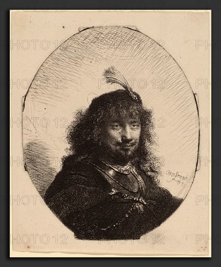 Rembrandt van Rijn (Dutch, 1606 - 1669), Self-Portrait (?) with Plumed Cap and Lowered Sabre, 1634, etching