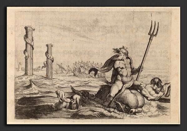 Willem Basse (Dutch, 1613 or 1614 - 1672), Neptune and the Pillars of Hercules, 1634, etching and engraving on laid paper