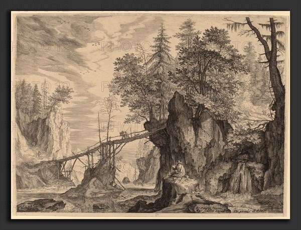 Aegidius Sadeler II after Roelandt Savery (Flemish, c. 1570 - 1629), Draughtsman on a Stone before a Bridge, probably c. 1609, engraving