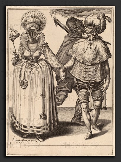 Attributed to Zacharias Dolendo after Jacques de Gheyn II (Dutch, active 1581-1598), A Man with a Turban Leading a Woman Wearing Peacock Feathers, 1595-1596, engraving on laid paper