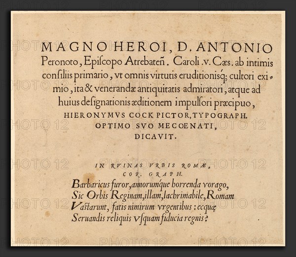 Hieronymus Cock (Flemish, c. 1510 - 1570), Dedication Page, published 1551, Roman type on laid paper