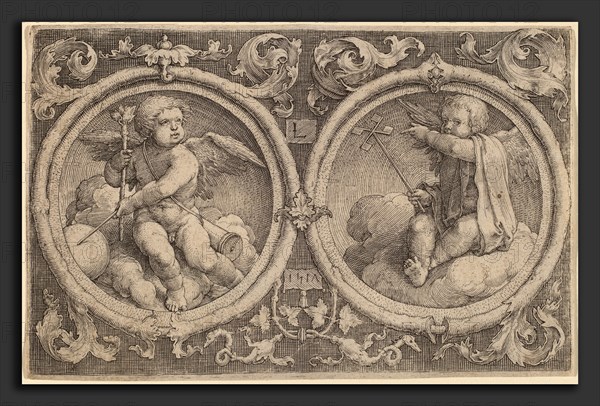 Lucas van Leyden (Netherlandish, 1489-1494 - 1533), Two Cupids Seated on Clouds in Two Circles, 1517, engraving