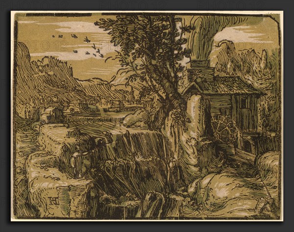Hendrik Goltzius (Dutch, 1558 - 1617), Landscape with a Waterfall, probably 1592-1595, chiaroscuro woodcut in sepia-ochre, olive and black