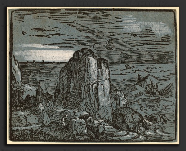 Hendrik Goltzius (Dutch, 1558 - 1617), Cliff on the Seashore, probably 1592-1595, woodcut, hand-colored with white highlights, on blue paper