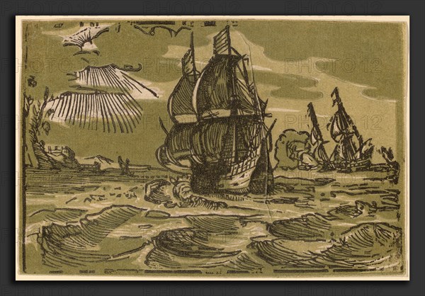 Hendrik Goltzius (Dutch, 1558 - 1617), Seascape with Two Sailing Vessels, chiarscuro woodcut in two shades of olive and black