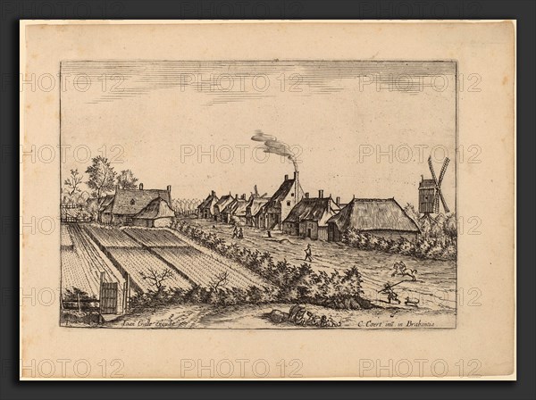 Johannes van Doetechum, the Elder and Lucas van Doetechum after Master of the Small Landscapes (Dutch, active 1554-1572; died before 1589), Fields and a Village Road with Post Mill, published in or before 1676, etching retouched with engraving